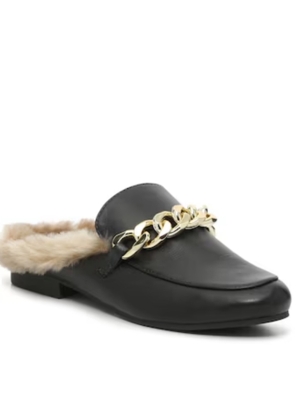 Steve Madden Black Faux Fur-Lined Chain-Trim Mules